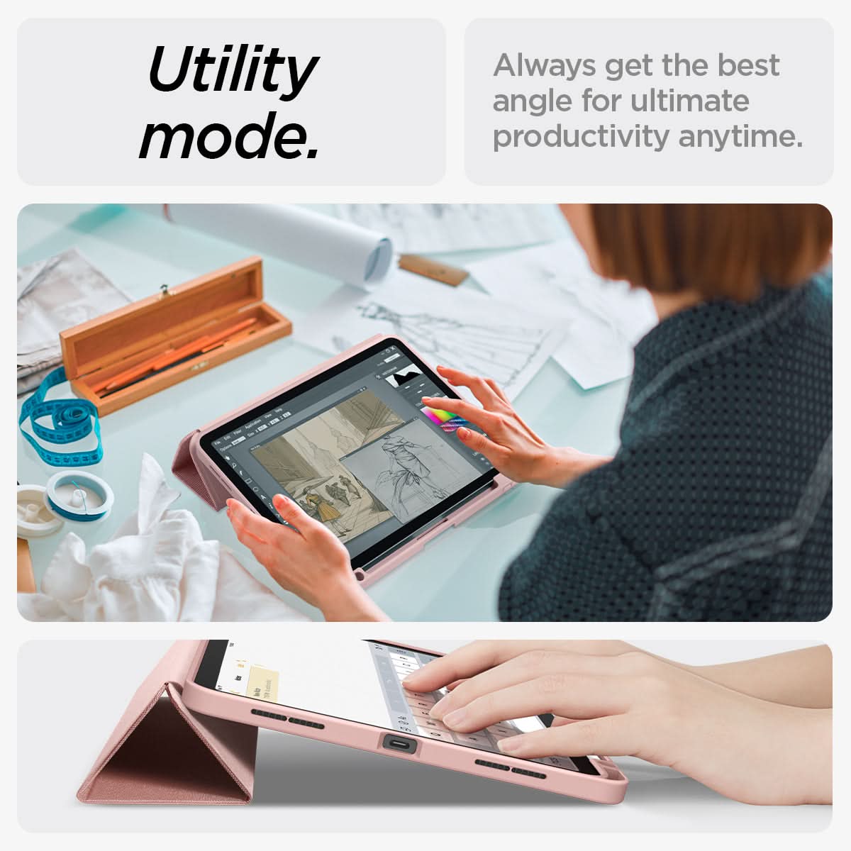 ACS07756 - iPad Air 11-inch (2025/2024) Case Urban Fit in Rose Gold showing the utility mode. Always get the best angle for ultimate productivity anytime
