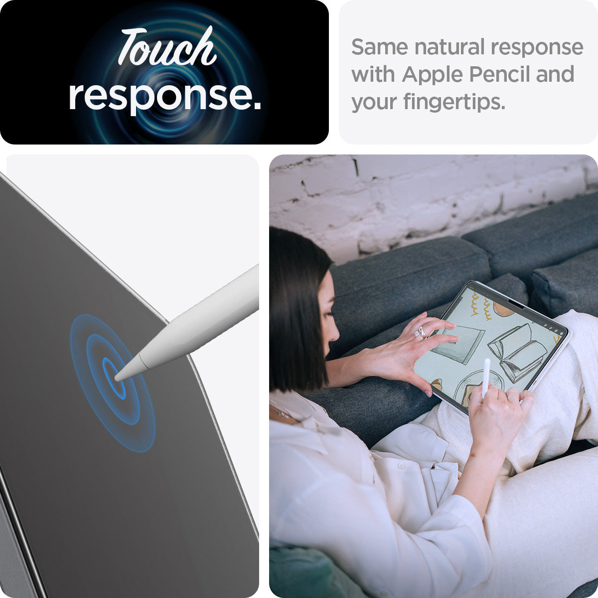 AGL07799 - iPad Air 10.9-inch Paper Touch EZ Fit in Clear showing the touch response. Same natural response with Apple Pencil and your fingertips