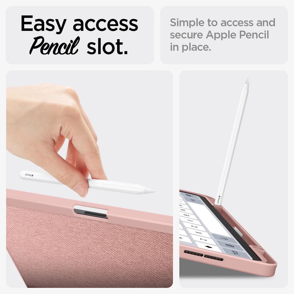 ACS07673 - iPad Air 12.9-inch Case Urban Fit in Rose Gold showing the easy access pencil slot. Simple to access and secure Apple Pencil in place