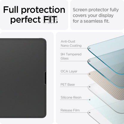 AGL07804 - iPad Air 12.9-inch Paper Touch EZ Fit in Clear showing the full protection perfect FIT. Screen protector fully covers your display for a seamless fit. It has Anti-Dust Nano Coating, 9H Tempered Glass, OCA Layer, PET Base, Silicone Resin and Release Film