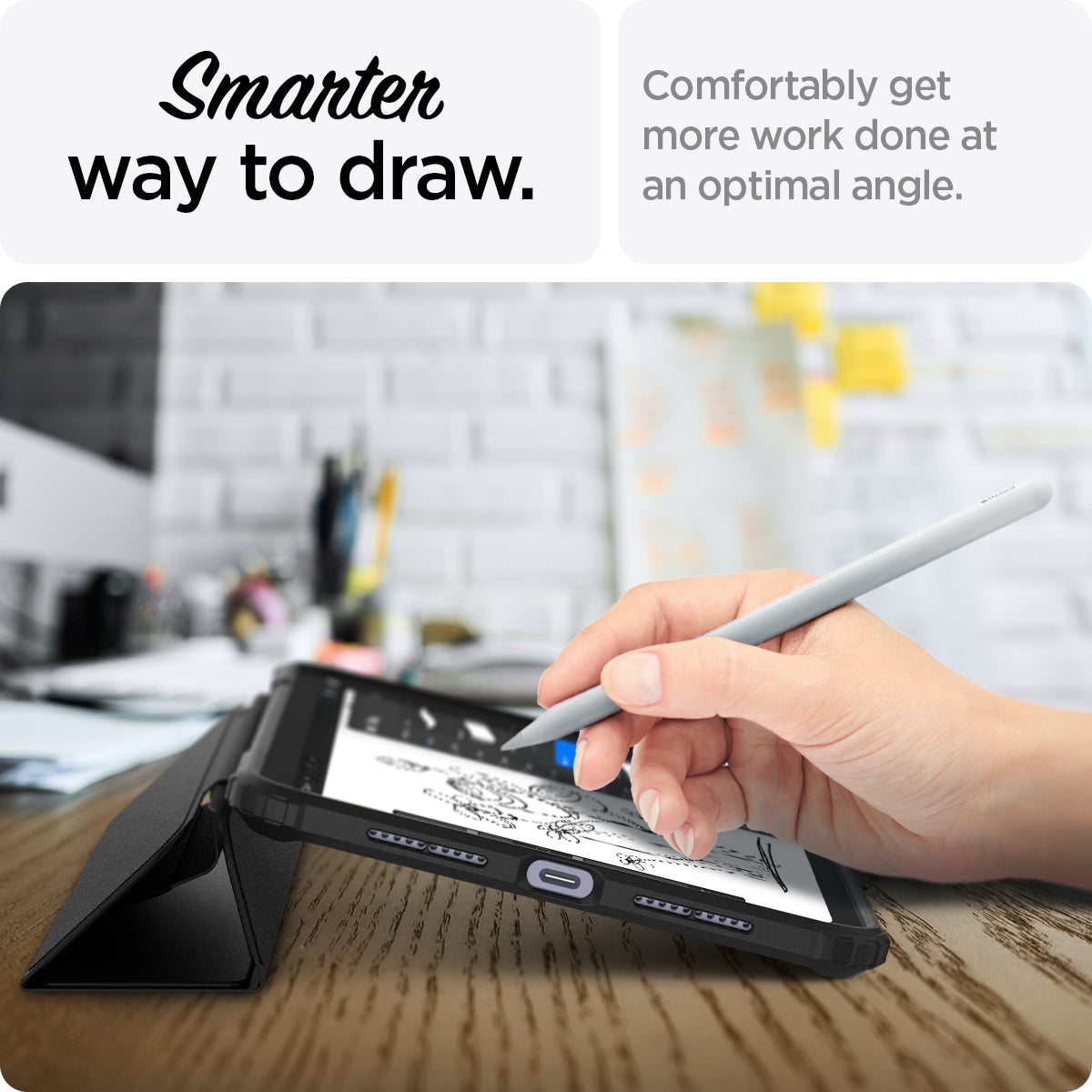 ACS03765 - iPad Mini 6 Case Ultra Hybrid Pro in black showing the smarter way to draw. Comfortably get more work done at an optimal angle