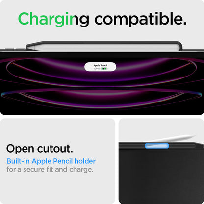 ACS05467 - iPad Pro 11" Case Thin Fit Pro in black showing the charging compatibility. Open cutout. Built-in Apple Pencil holder for a secure fit and charge