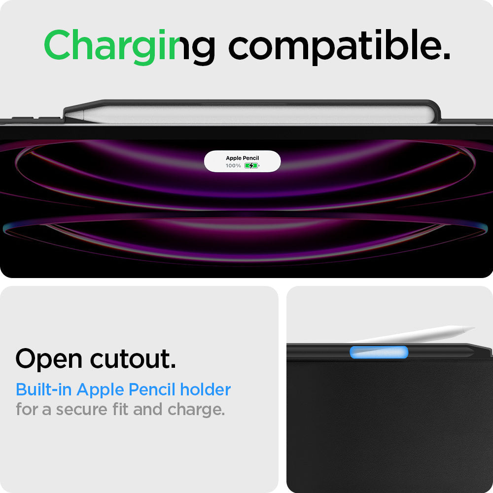 ACS05468 - iPad Pro 12.9" Case Thin Fit Pro in black showing the charging compatibility. Open cutout. Built-in Apple Pencil holder for a secure fit and charge