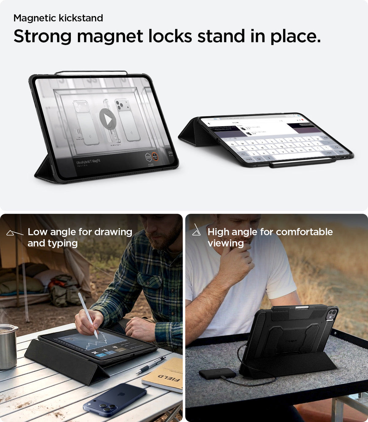 ACS07007 - iPad Pro 12.9-inch Case Rugged Armor Pro in Black showing strong magnet locks stand in place