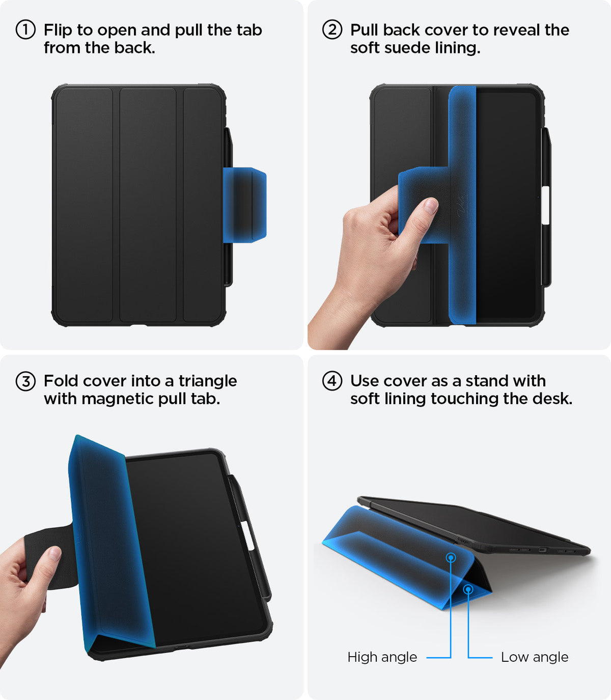 ACS07016 - iPad Pro 11-inch Case Ultra Hybrid Pro in Black showing steps 1 to 4.