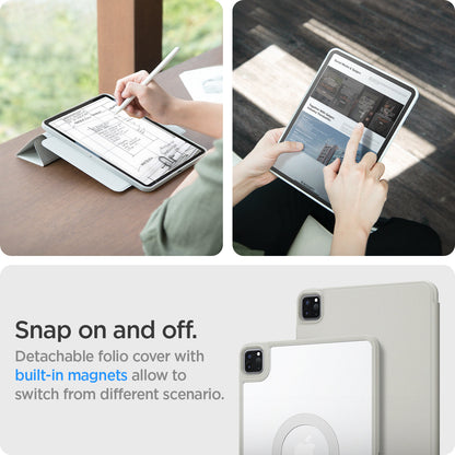 ACS06512 - iPad Pro 11-inch (2022) - Air Skin Pro OneTap showing lifestyle shots in use; highlights detachable folio cover with built-in magnets for easy switching