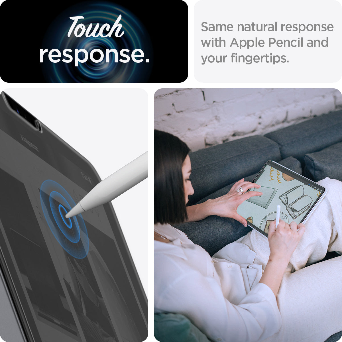 AGL02761 - iPad Pro 11" Screen Protector Paper Touch EZ Fit showing the touch response. Same natural response with Apple Pencil and your fingertips