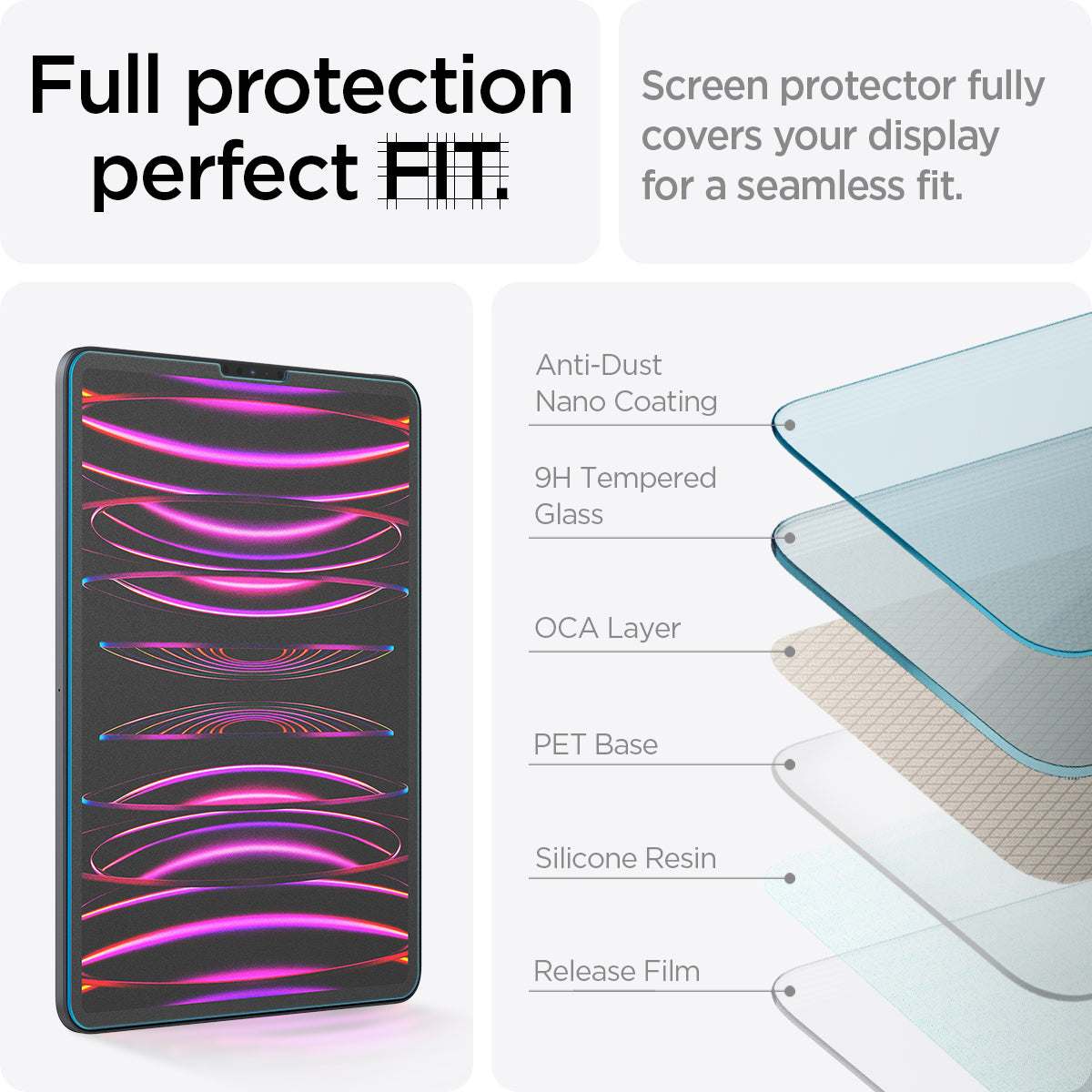 AGL06349 - iPad Pro 12.9" (2022/2021) Screen Protector Paper Touch EZ Fit showing the full protection perfect FIT. Screen protector fully covers your display for a seamless fit with anti-dust nano coating, 9H tempered glass, OCA layer, PET base, silicone resin and release film