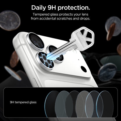 AGL12046 - iPhone 18 Pro Max / iPhone 18 Pro Optik Pro EZ Fit Lens Protector in Silver showing tempered glass lens protectors shielding the camera lenses from scratches and impacts.