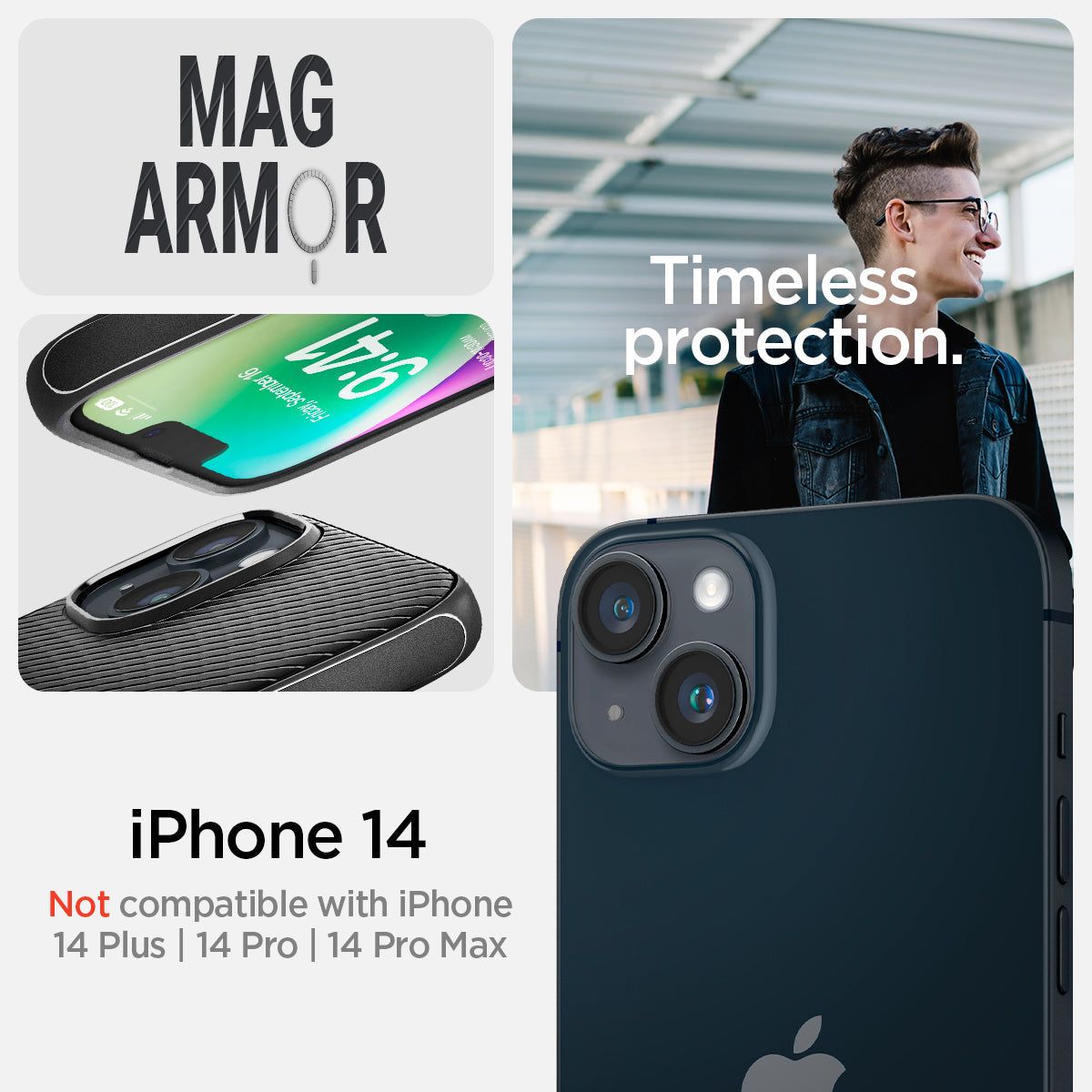 ACS05065 - iPhone 14 Case Mag Armor (MagFit) in matte black showing Not compatible with iPhone 14plus, 14pro, 14 pro max. mag armor. Timeless protection.
