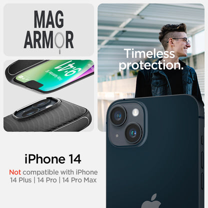 ACS05065 - iPhone 14 Case Mag Armor (MagFit) in matte black showing Not compatible with iPhone 14plus, 14pro, 14 pro max. mag armor. Timeless protection.