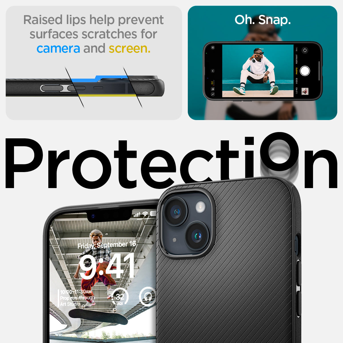 ACS05065 - iPhone 14 Case Mag Armor (MagFit) in matte black raised lips help prevent surfaces scratches for camera and screen. Oh snap. Protection.