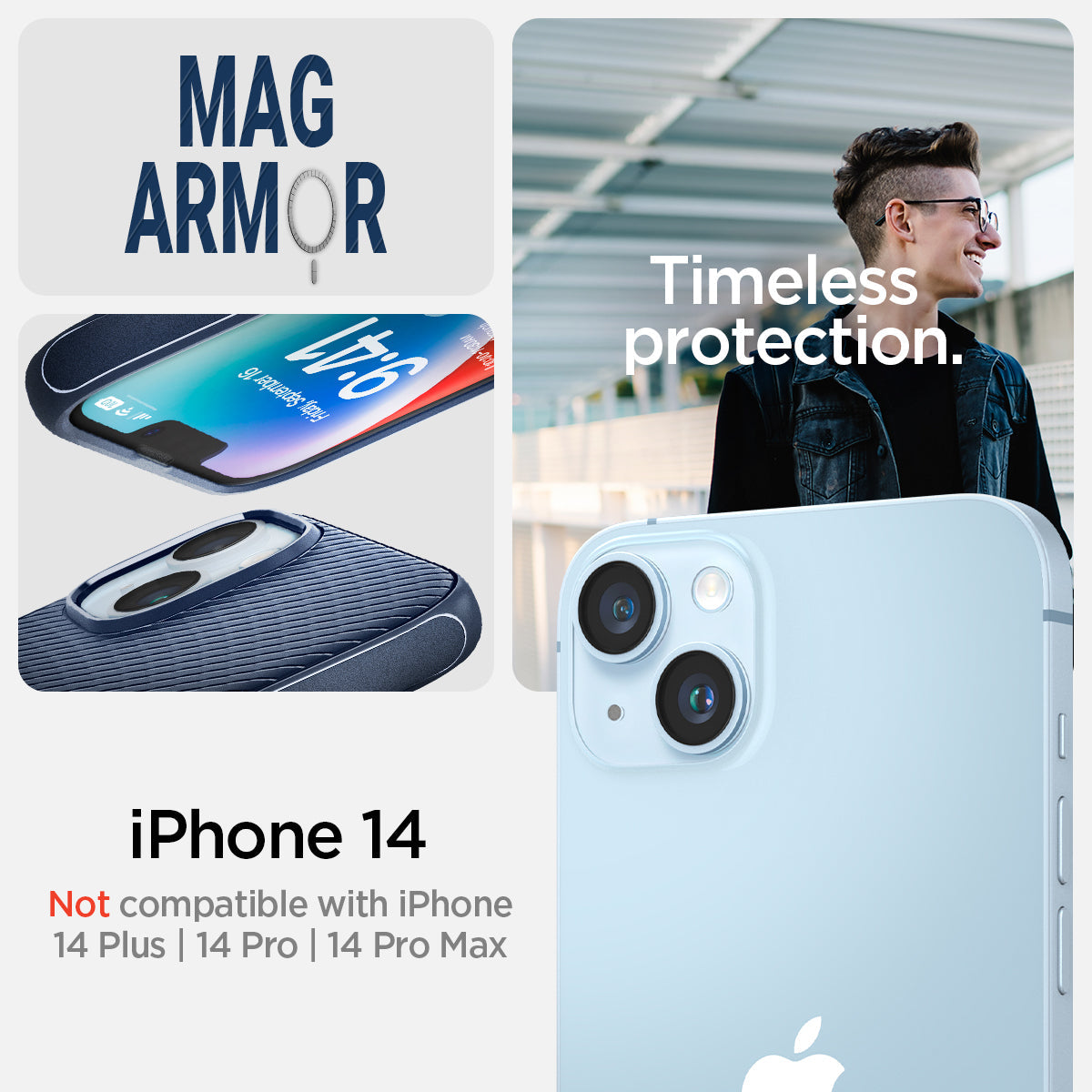ACS05066 - iPhone 14 Case Mag Armor (MagFit) in navy blue showing Not compatible with iPhone 14plus, 14pro, 14 pro max. mag armor. Timeless protection.