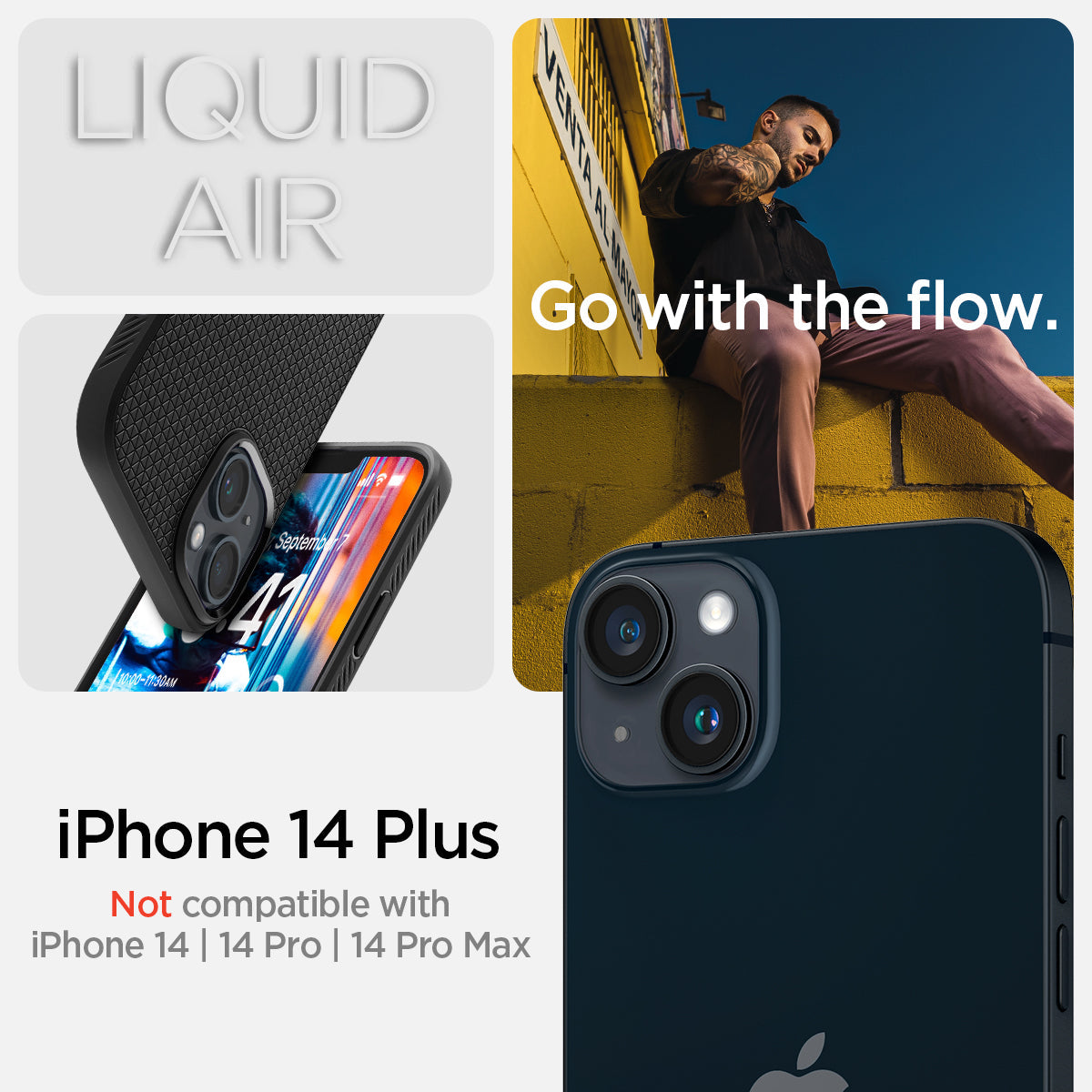ACS04891 - iPhone 14 Plus Case Liquid Air in matte black showing the compatibility only with iPhone 14 Plus. Not compatible with iPhone 14 | 14 Pro | 14 Pro Max