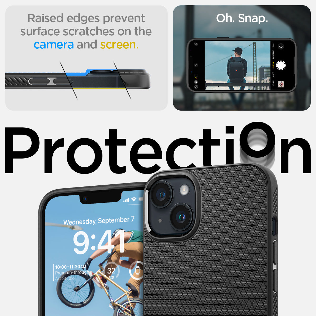 ACS04891 - iPhone 14 Plus Case Liquid Air in matte black showing the raised edges prevent surface scratches on the camera and screen