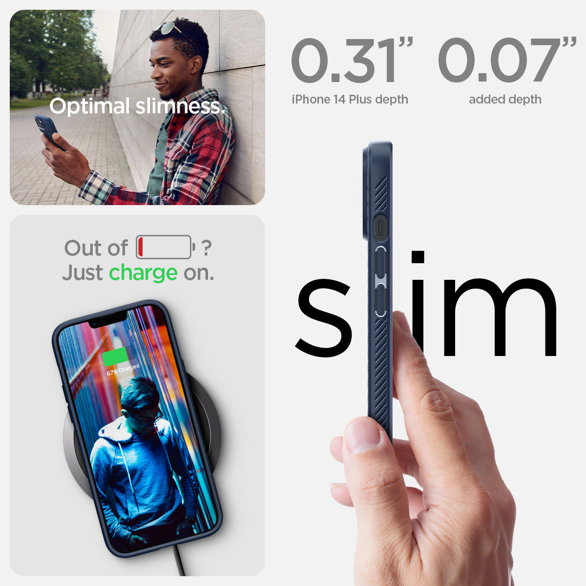 ACS04892 - iPhone 14 Plus Case Liquid Air in navy blue showing the optimal slimness. 0.31" iPhone 14 Plus depth | 0.07" added depth