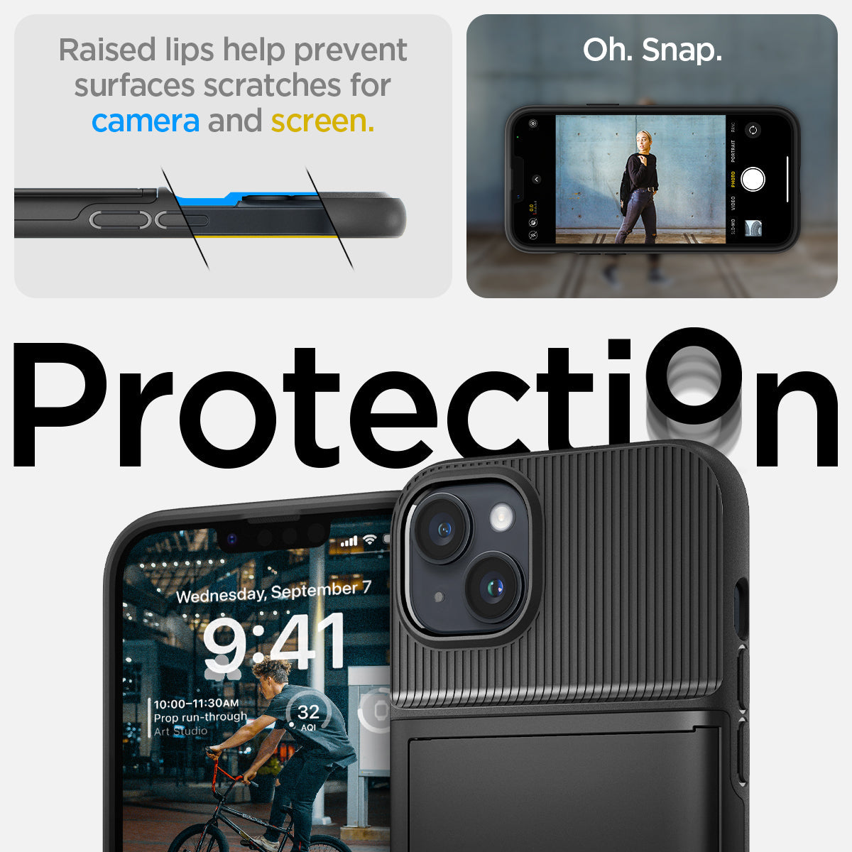 ACS04911 - iPhone 14 Plus Case Slim Armor CS in black showing the back showing protection Oh, snap. Raised lips help prevent surfaces scratches for camera and screen.