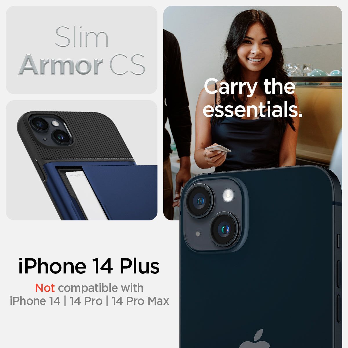 ACS04913 - iPhone 14 Plus Case Slim Armor CS in navy blue showing slim armor cs. carry the essentials. iPhone 14 plus. Not compatible with iPhone 14, 14 pro, 14 pro max.