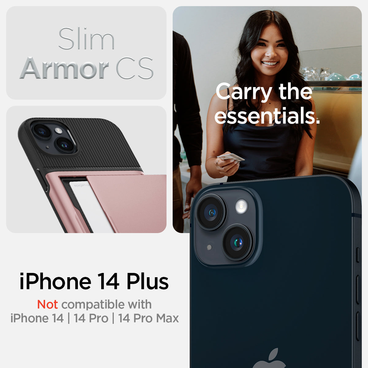 ACS04912 - iPhone 14 Plus Case Slim Armor CS in rose gold showing slim armor cs. carry the essentials. iPhone 14 plus. Not compatible with iPhone 14, 14 pro, 14 pro max.