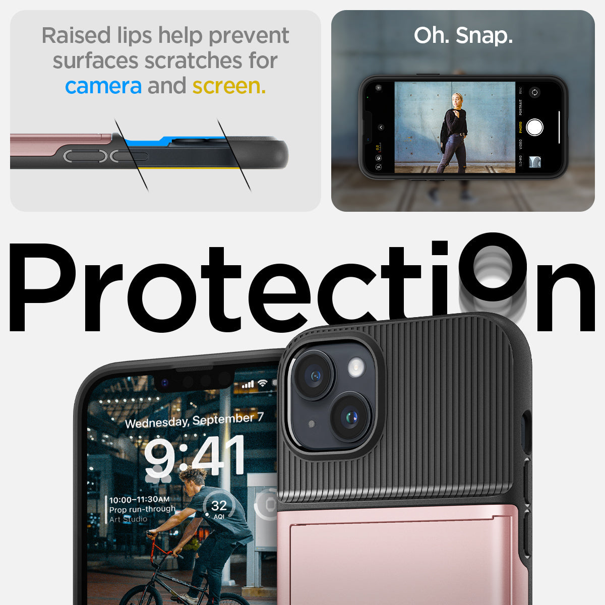 ACS04912 - iPhone 14 Plus Case Slim Armor CS in rose gold showing protection Oh, snap. Raised lips help prevent surfaces scratches for camera and screen.