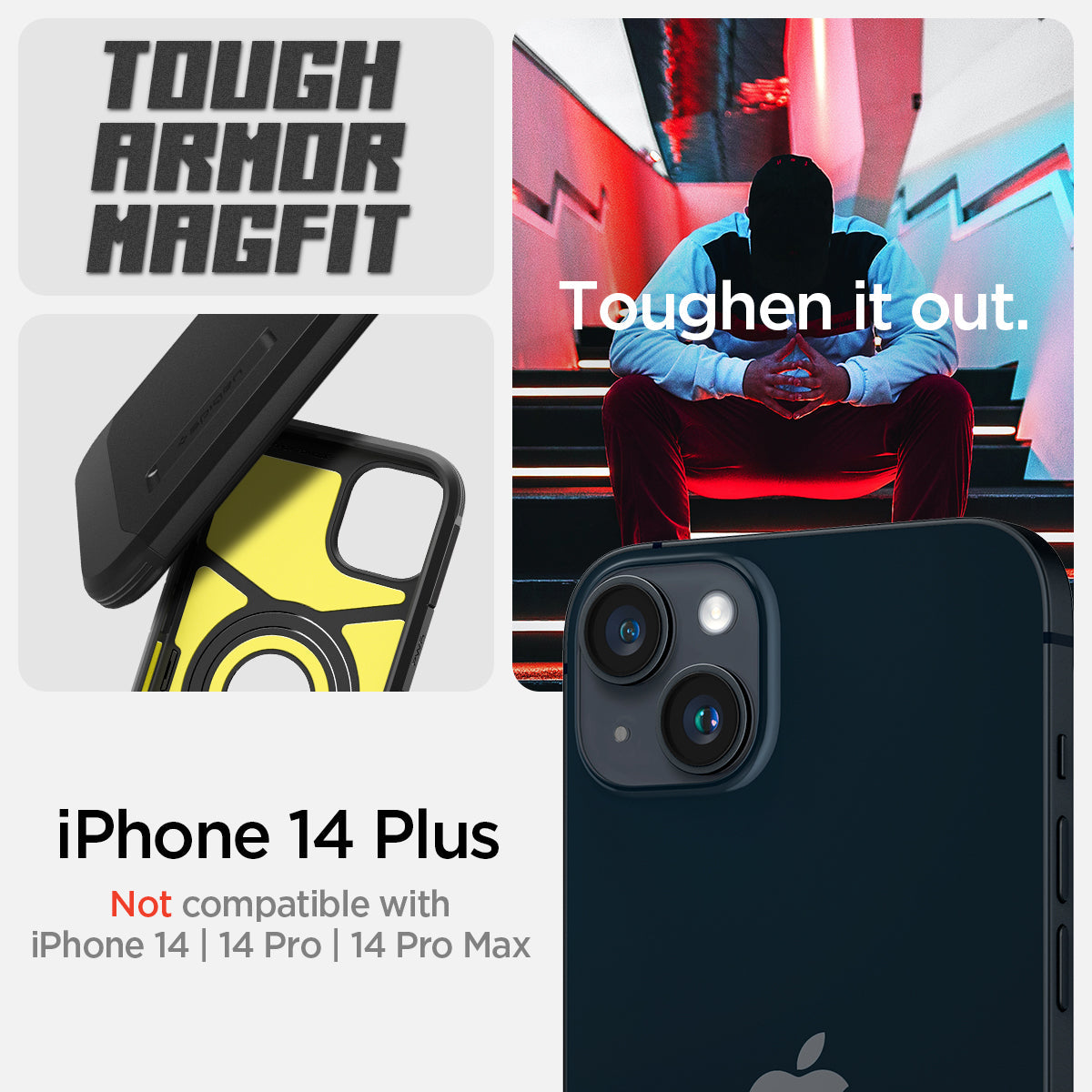 ACS04915 - iPhone 14 Plus Case Tough Armor (MagFit) in black showing tough armor magfit. toughen it out. iPhone 14 plus. Not compatible with iPhone 14, 14 pro, 14 pro max.