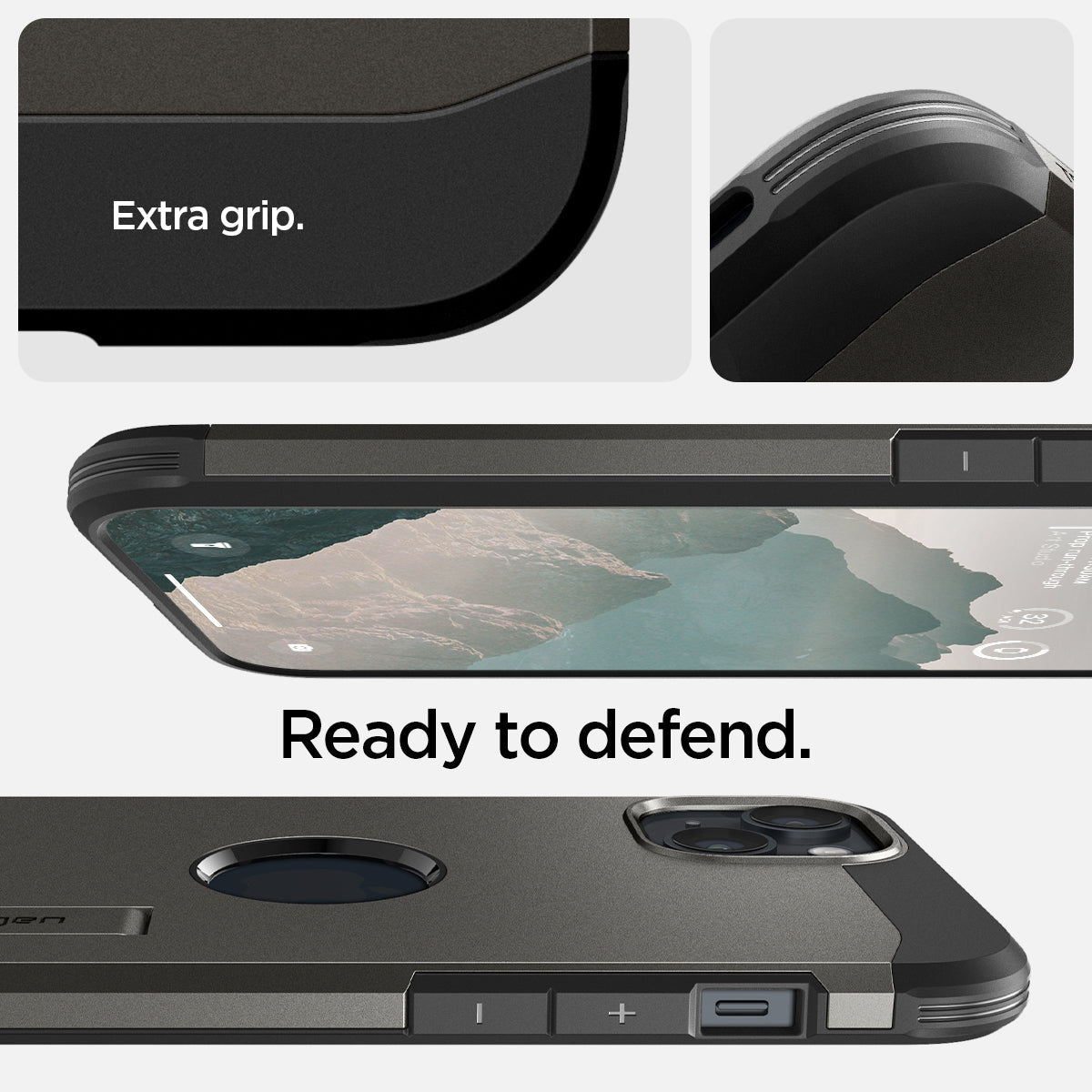 ACS04914 - iPhone 14 Plus Case Tough Armor (MagFit) in gunmetal showing extra grip and ready to defend.