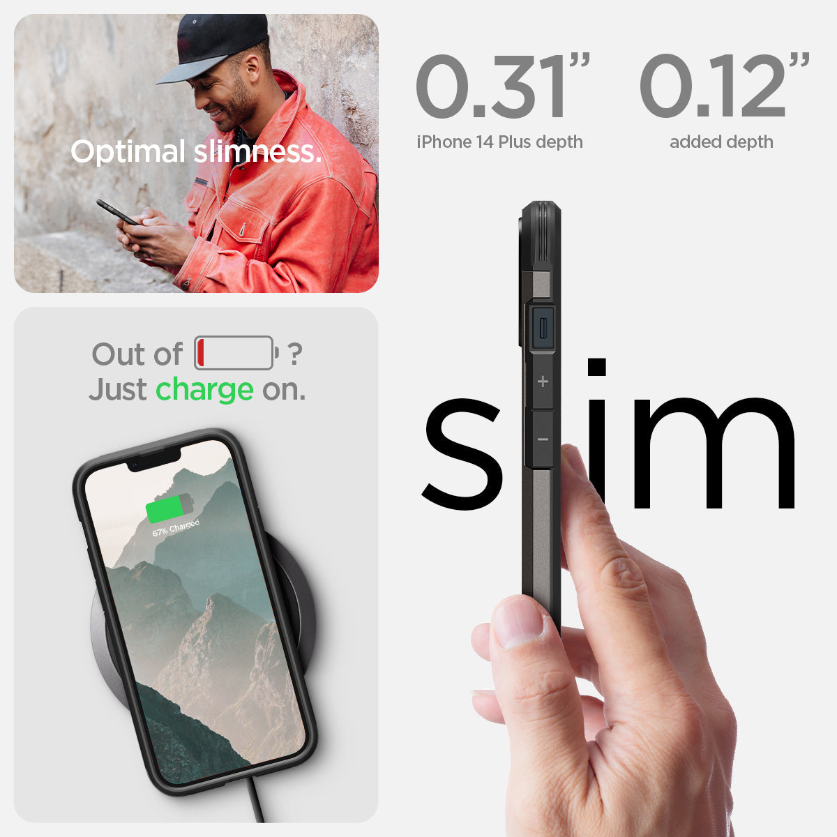 ACS04914 - iPhone 14 Plus Case Tough Armor (MagFit) in gunmetal optimal slimness. Out of battery? Just charge on. 0.31" iPhone 14 plus depth. 0.12" added depth.