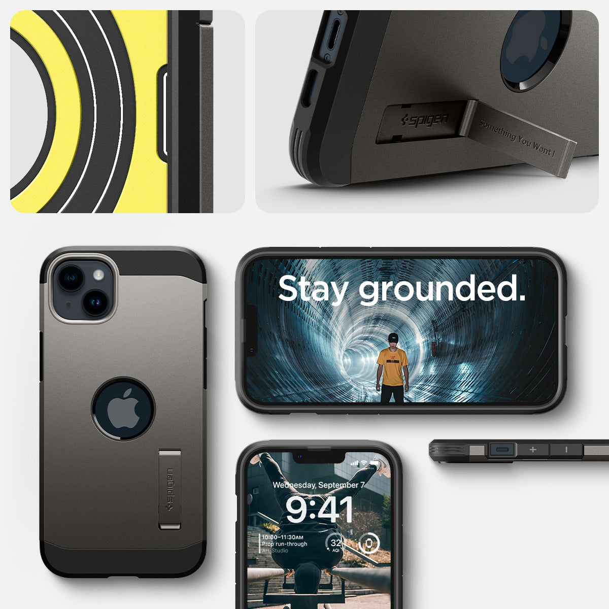 ACS04914 - iPhone 14 Plus Case Tough Armor (MagFit) in gunmetal showing stay grounded.