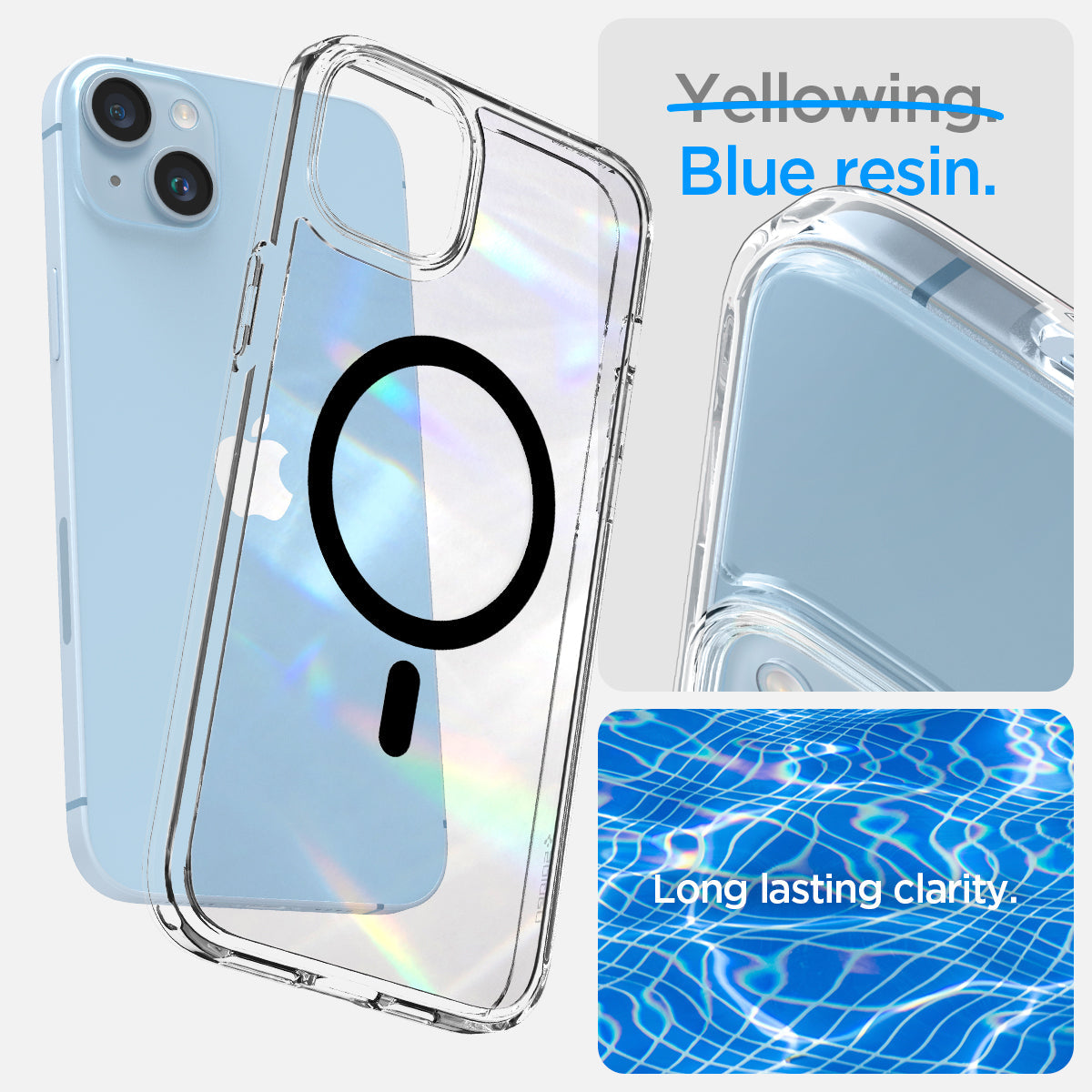 ACS04903 - iPhone 14 Plus Case Ultra Hybrid (MagFit) in black showing blue resin. Long lasting clarity.