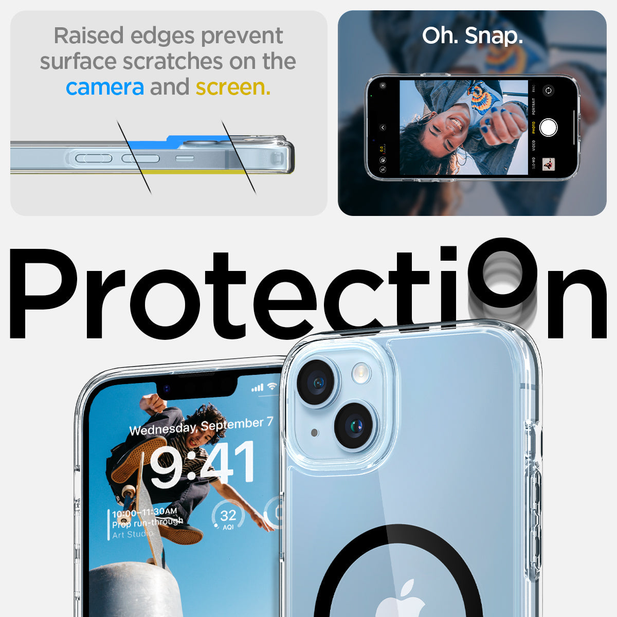ACS04903 - iPhone 14 Plus Case Ultra Hybrid (MagFit) in black showing raised edges prevent surface scratches on the camera and screen. protection