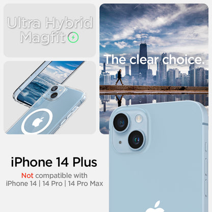 ACS04902 - iPhone 14 Plus Case Ultra Hybrid (MagFit) in white showing Not compatible with iPhone 14, 14 pro, 14 pro max. ultra hybrid magfit. the clear choice