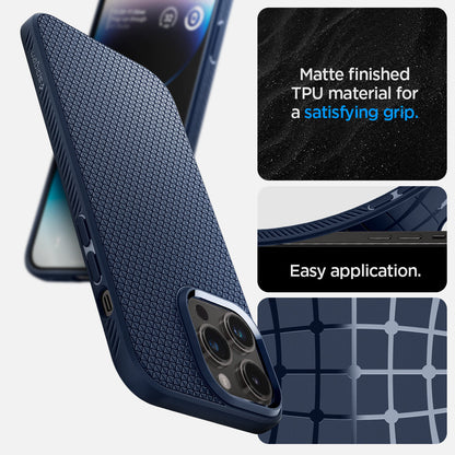ACS04958 - iPhone 14 Pro Case Liquid Air in navy blue showing the Matte finished TPU material for a satisfying grip and easy application