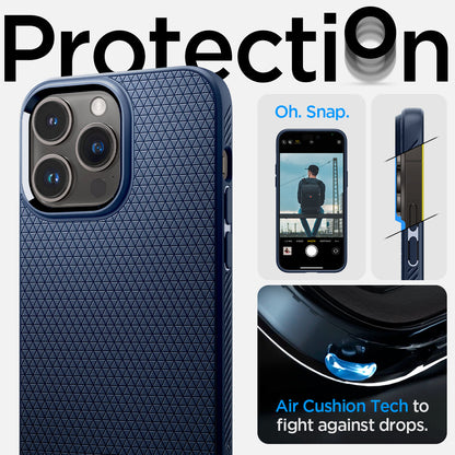 ACS04958 - iPhone 14 Pro Case Liquid Air in navy blue showing the protection. Air Cushion Tech to fight against drops