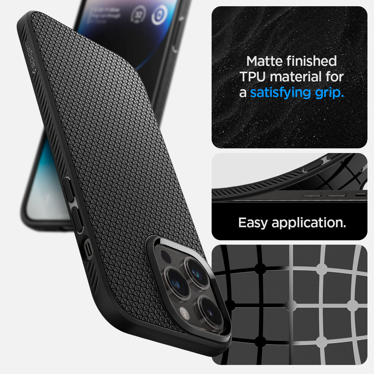 ACS04813 - iPhone 14 Pro Max Case Liquid Air in matte black showing the Matte finished TPU material for a satisfying grip and easy application