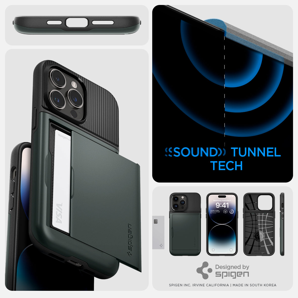 ACS04837 - iPhone 14 Pro Max Case Slim Armor CS in abyss green sound tunnel tech. designed by spigen.