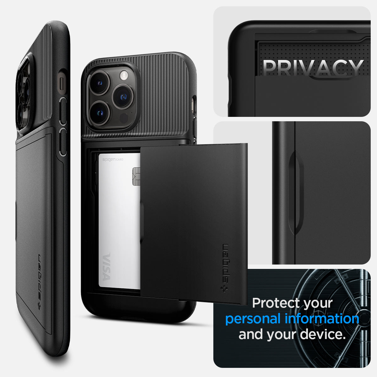 ACS04980 - iPhone 14 Pro Case Slim Armor CS in black showing privacy. protect your personal information and your device.