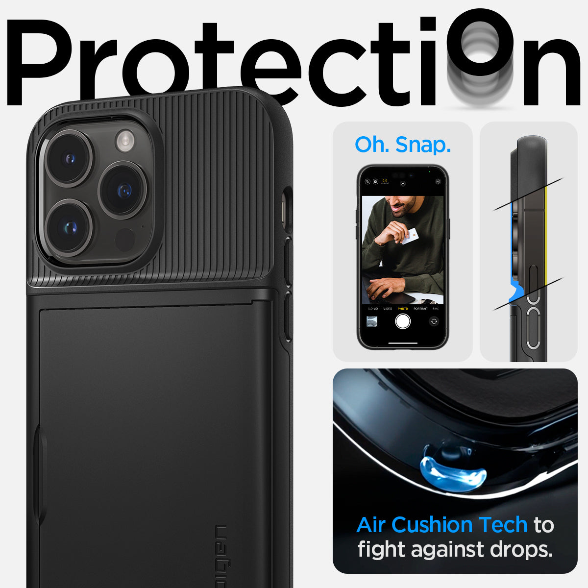 ACS04980 - iPhone 14 Pro Case Slim Armor CS in black showing protection Oh, snap. Air cushion tech to fight against drops.