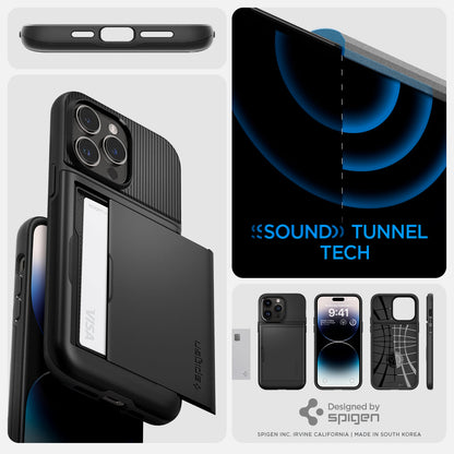 ACS04980 - iPhone 14 Pro Case Slim Armor CS in black sound tunnel tech. designed by spigen.