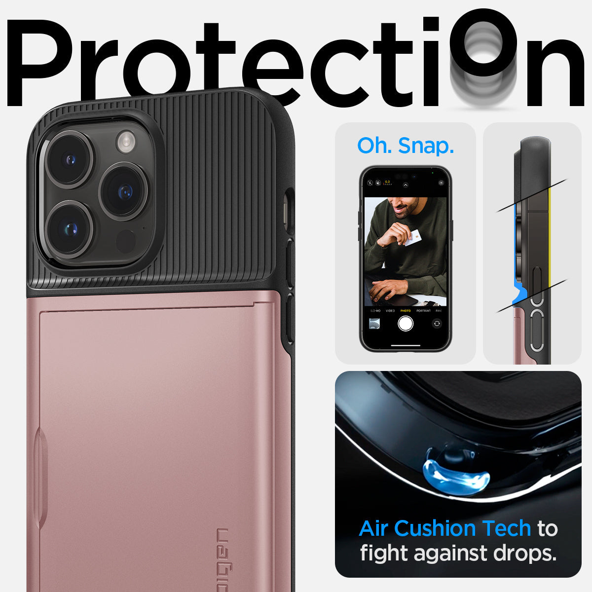 ACS04981 - iPhone 14 Pro Case Slim Armor CS in rose gold showing protection Oh, snap. Air cushion tech to fight against drops.