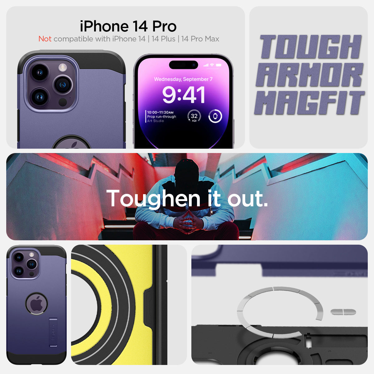 ACS05579 - iPhone 14 Pro Case Tough Armor (MagFit) in deep purple iPhone 14 pro. Not compatible with iPhone 13, 14plus, 14 pro max. Tough armor magfit. toughen it out.