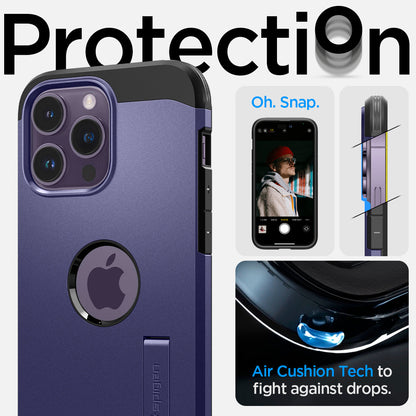 ACS05579 - iPhone 14 Pro Case Tough Armor (MagFit) in deep purple showing protection. Oh, snap. Air cushion tech to fight against drops.