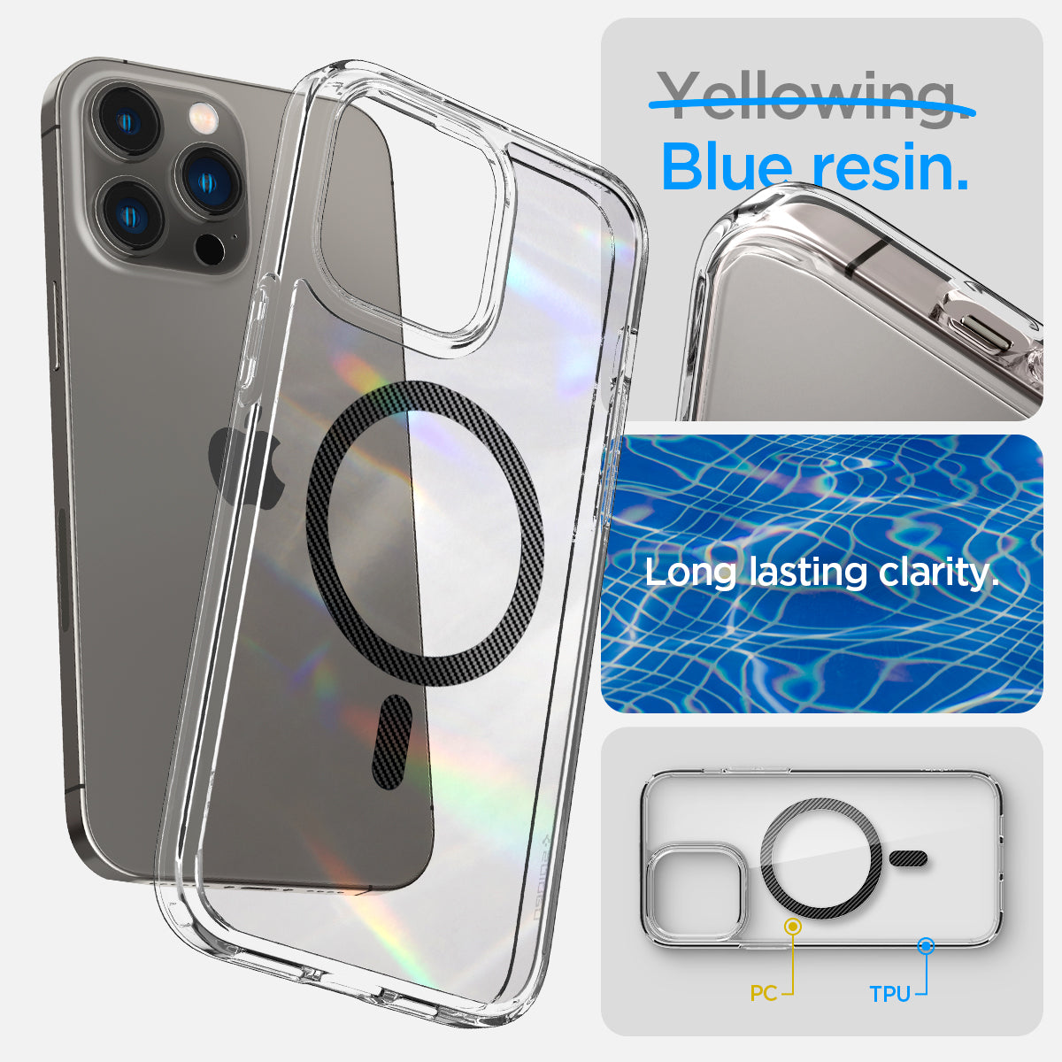 ACS04971 - iPhone 14 Pro Case Ultra Hybrid (MagFit) in carbon fiber blue resin. Long lasting clarity.