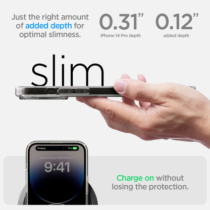 ACS04971 - iPhone 14 Pro Case Ultra Hybrid (MagFit) in carbon fiber showing just right amount of added depth for optimal slimness. charge on without losing the protection.