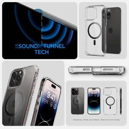 ACS04971 - iPhone 14 Pro Case Ultra Hybrid (MagFit) in carbon fiber showing sound tunnel tech.