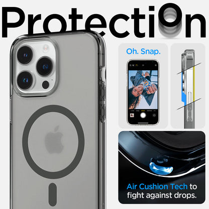 ACS05586 - iPhone 14 Pro Case Ultra Hybrid (MagFit) in frost black showing protection. oh snap. Air cushion tech to fight against drops.