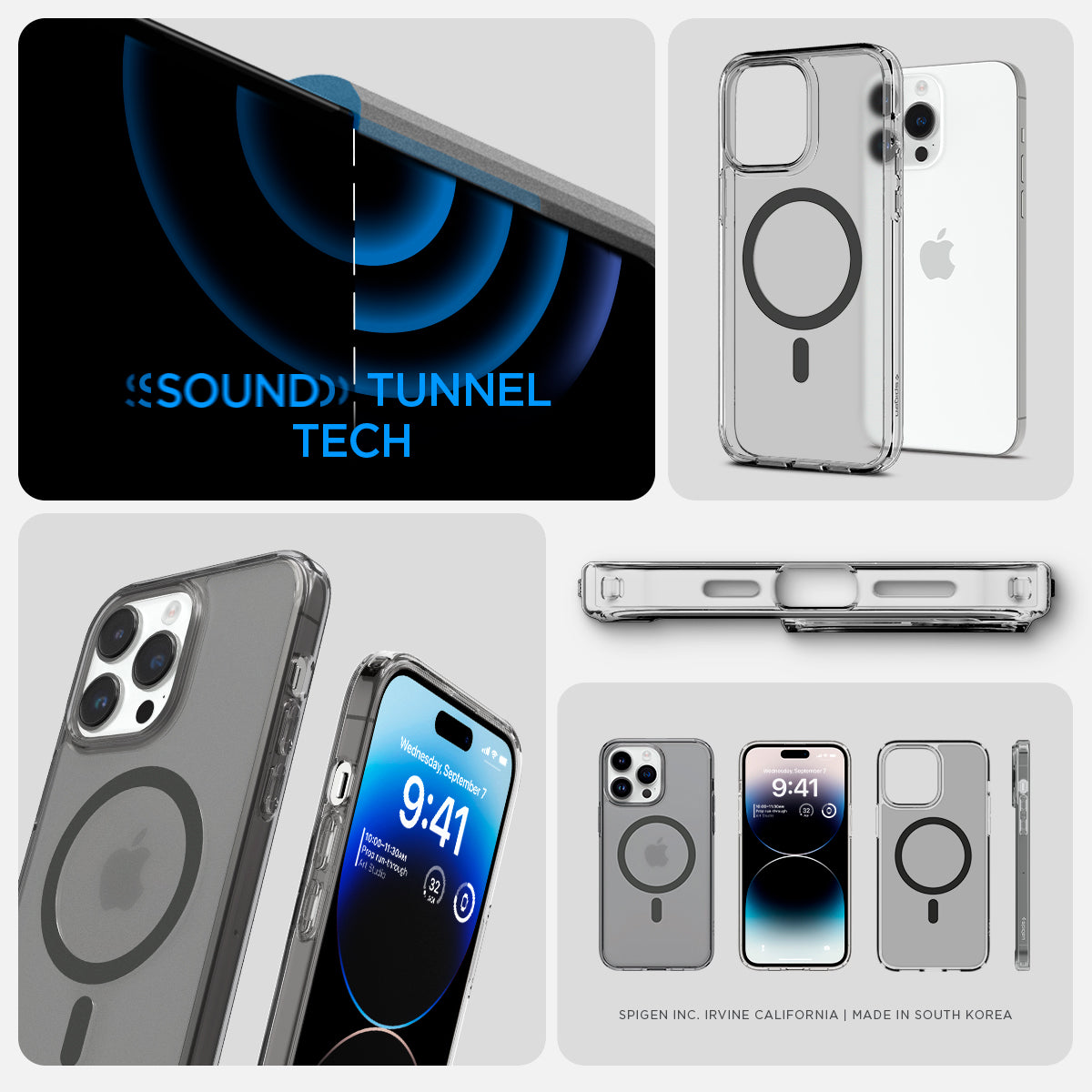 ACS05586 - iPhone 14 Pro Case Ultra Hybrid (MagFit) in frost black showing sound tunnel tech.