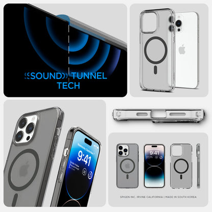 ACS05586 - iPhone 14 Pro Case Ultra Hybrid (MagFit) in frost black showing sound tunnel tech.