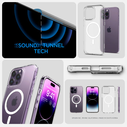 ACS05587 - iPhone 14 Pro Case Ultra Hybrid (MagFit) in frost clear showing sound tunnel tech.