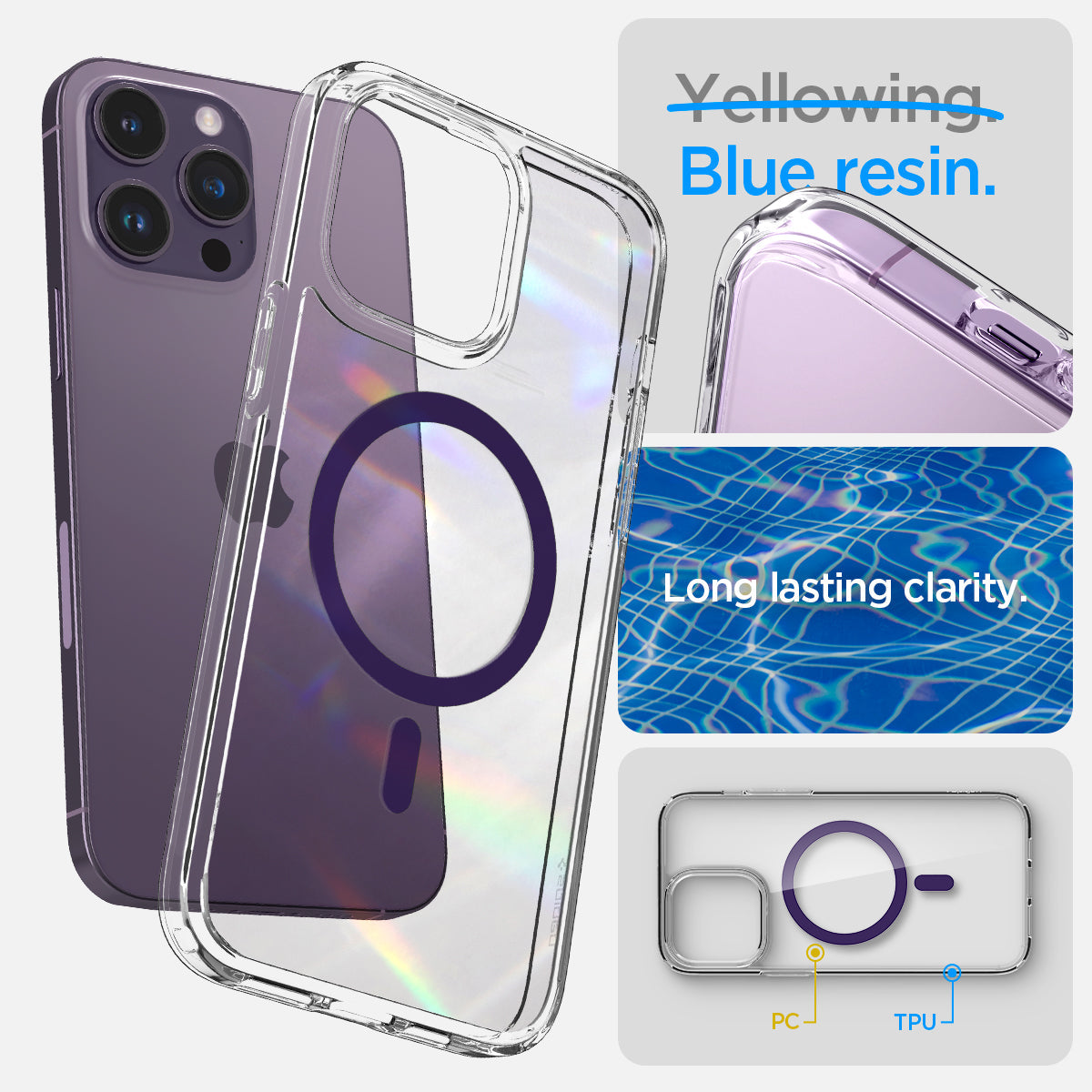 ACS05585 - iPhone 14 Pro Case Ultra Hybrid (MagFit) in deep purple blue resin. Long lasting clarity.