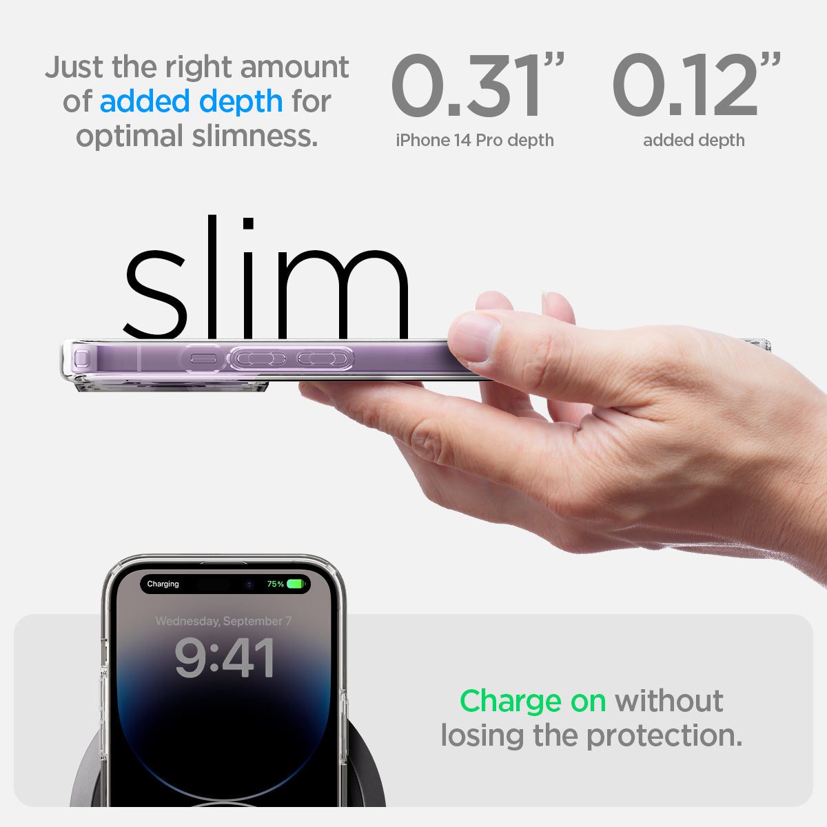 ACS04969 - iPhone 14 Pro Case Ultra Hybrid (MagFit) in white showing just right amount of added depth for optimal slimness. charge on without losing the protection.